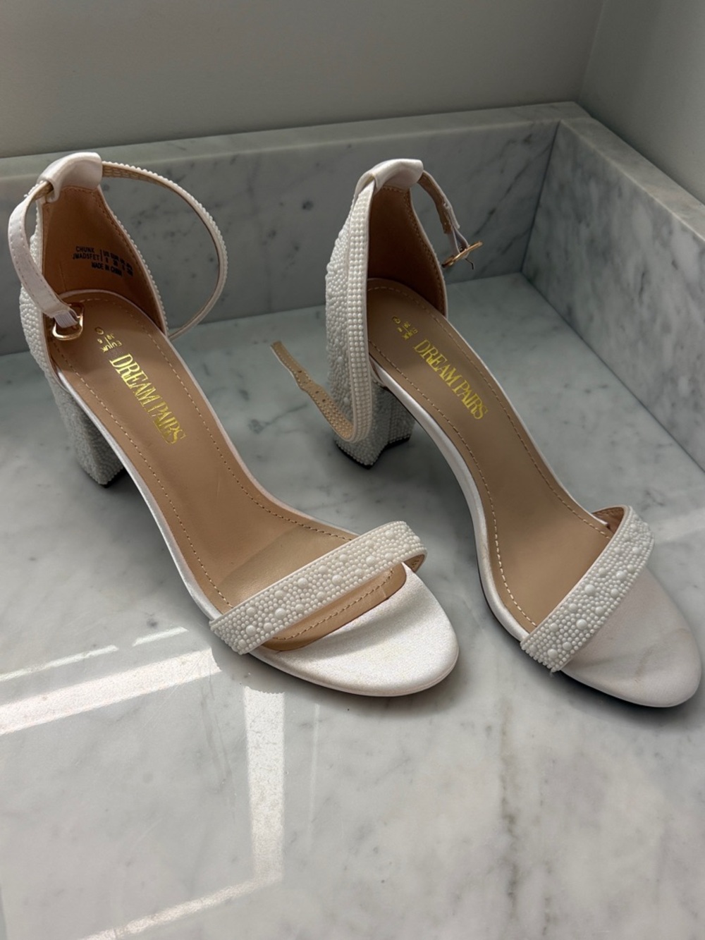 Dream Pairs White Beaded Ankle-Strap Block Heels